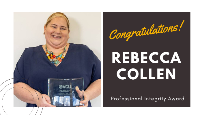 rebecca collen holding her award / congratulations professional integrity