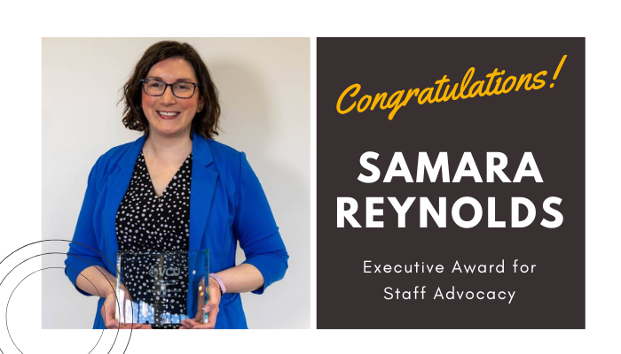 samara reynolds holding her award / congratulations samara reynolds staff advocacy